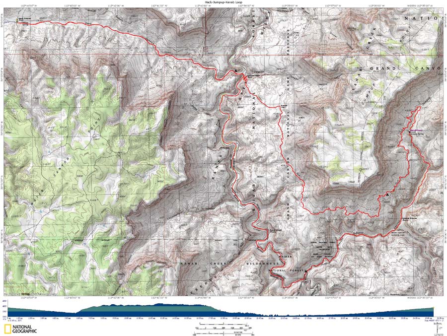Map of Hack-Jumpup-Kanab Loop with Elevation Profile