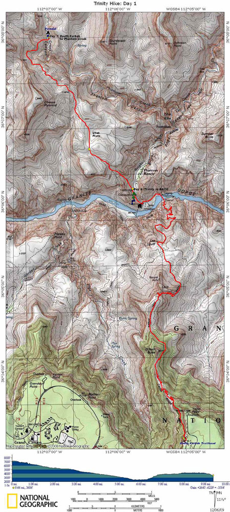 South Kaibab Trail to Phantom Creek with Elevation Profile