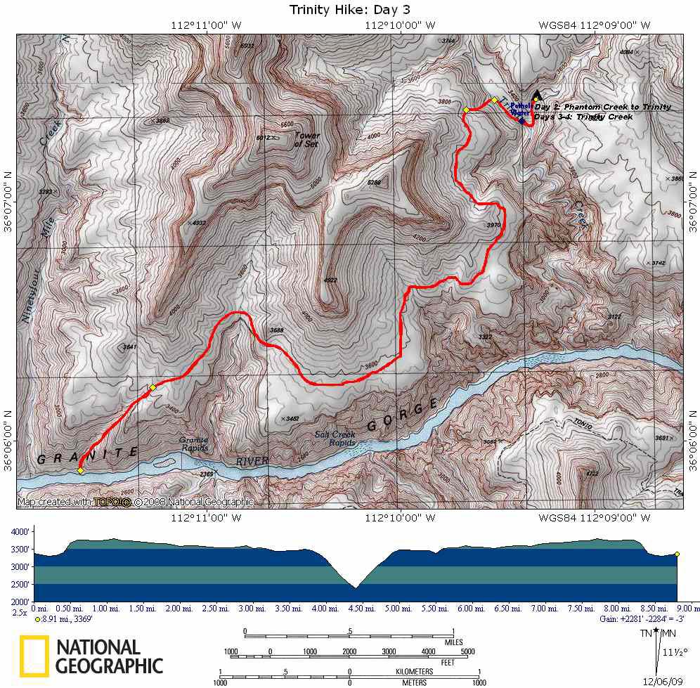 Trinity Creek to Ninetyfour Mile Rapid with Elevation Profile