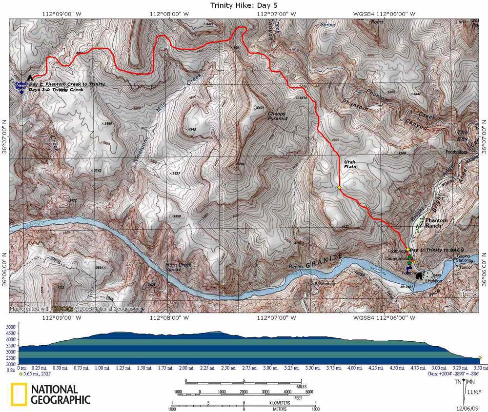 Trinity Creek to Phantom Ranch with Elevation Profile
