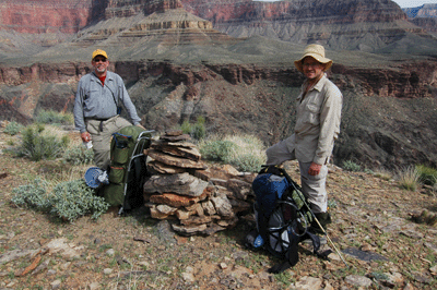Dennis and John at the cairn marking the descent route to Crystal Rapids