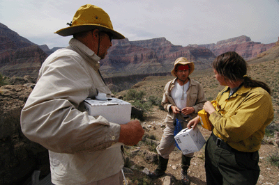 Jessica delivering two gallons of cold, fresh water to Chris and John