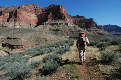 Hiking on the High Bypass with Holy Grail Temple dominating the skyline